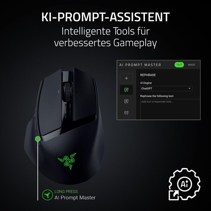 Бездротова ігрова миша Razer Basilisk Mobile AI Prompt Master, сенсор Focus X 18K, три режими підключення, перемикачі Gen-3, чорна