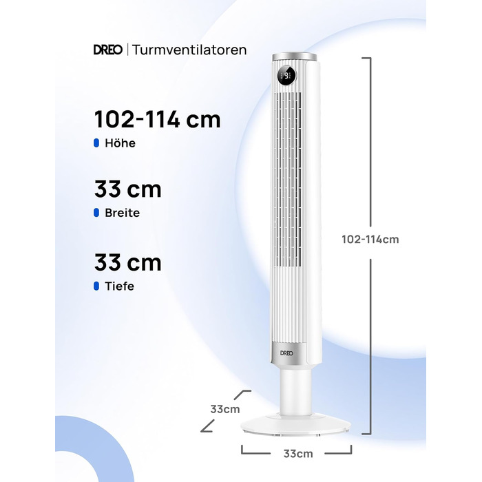 Вентилятор підлоговий DREO Smart 102-114 см з пультом, 9 режимів, тихий (20 дБ), 90° осциляція, таймер 12 год для дому та офісу, білий