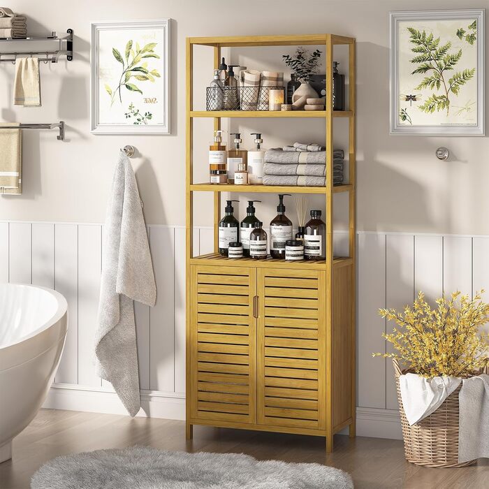 Високий шафа для ванної VIAGDO з бамбука, з 3 відкритими полицями та закритим відділенням, багатофункціональна шафа для ванної, коридору, кухні, вітальні, 64x33x170 см