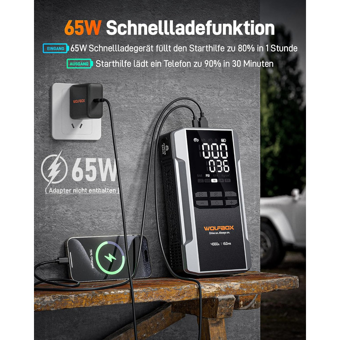 WOLFBOX 4000A: Пускозарядний пристрій з компресором 160PSI, 12V, 65W, 88.8Wh, для бензинових/дизельних двигунів 10L, LED-ліхтар, кабелі для пуску