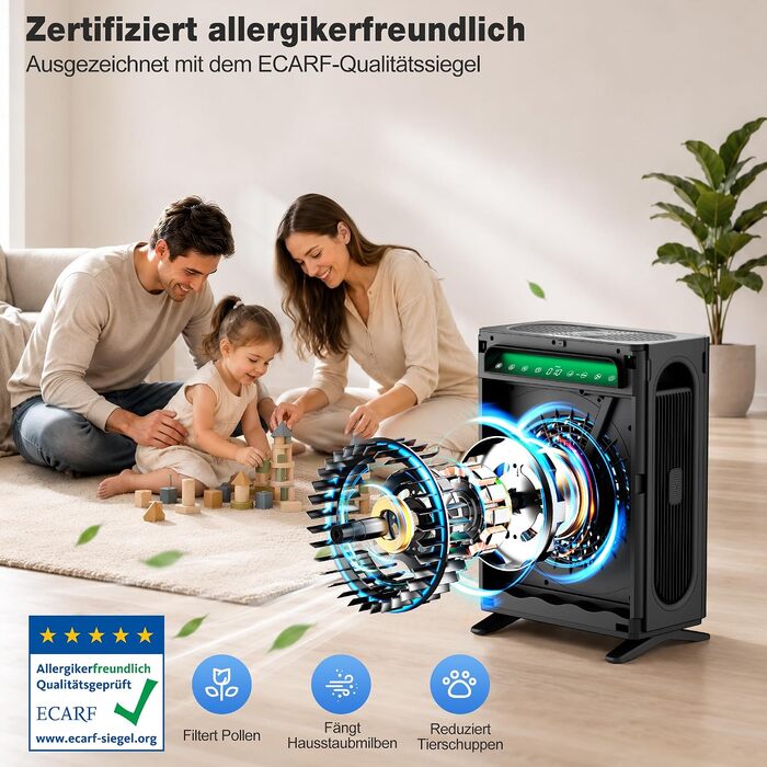 Очищувач повітря KNKA APH4000 для курців та власників тварин, CADR 400м³/год, до 120м², подвійний HEPA-фільтр, смарт-сенсор, чорний