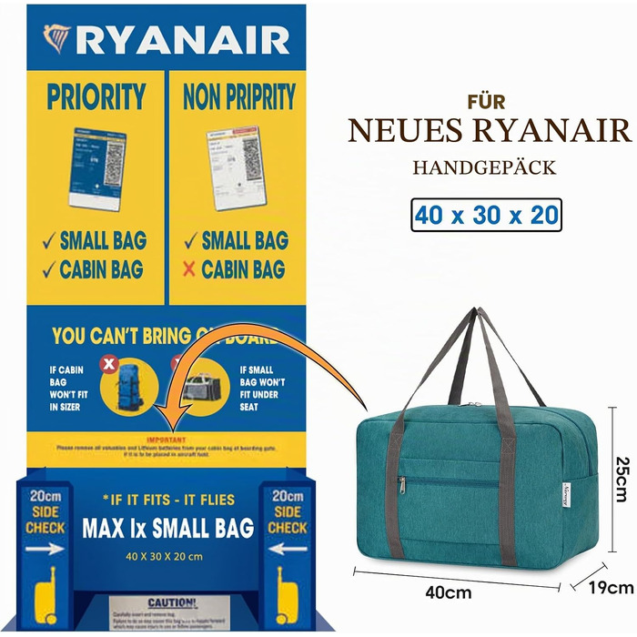 Складана сумка для ручної поклажі Narwey Ryanair 40x30x20 см, компактна дорожня сумка для подорожей (Блакитно-зелена)