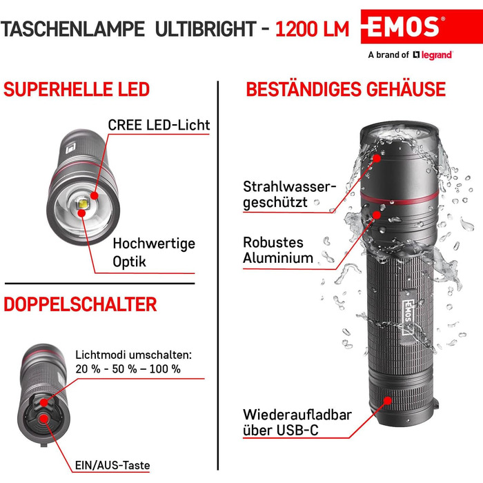 EMOS акумуляторний металевий ліхтарик CREE LED, 3 режими, фокус, водонепроникний, ударостійкий, 1200 люмен, до 280 м, стрічка і чохол, для дому та вулиці, сірий