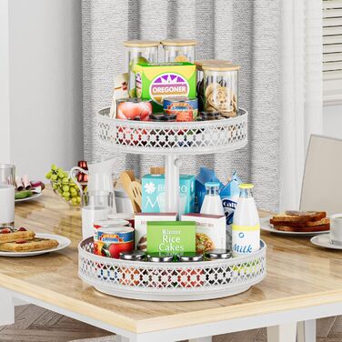 Дворівнева обертаюча полиця Lazy Susan для спецій і зберігання, металева, 30,5 см, біла, для кухні, шафи, столу, косметики, регульована