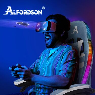 Ігрове крісло ALFORDSON з LED-підсвіткою, 8-точковий масаж, ергономічне крісло для геймерів з RGB, люмбарна та головна підтримка, текстиль, блакитно-біле
