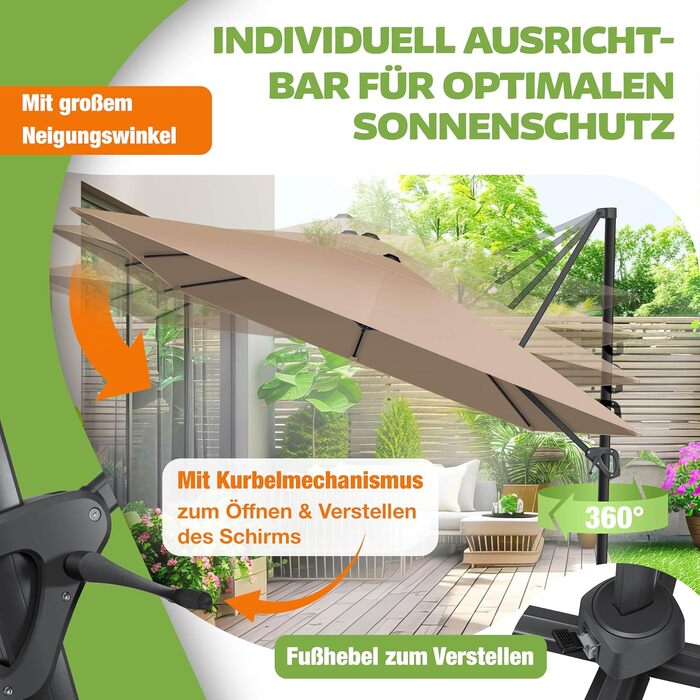 Парасолька від сонця KESSER Sun XL 300x300 см, підвісна модель з поворотом 360°, регулюванням нахилу та захистом від вітру, UV50+, колір тауп