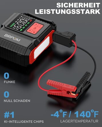 Портативний пусковий пристрій BRPOM з компресором та LED-ліхтарем, 26800mAh, 160PSI, сумісний з бензиновими та дизельними двигунами (до 12.0L)