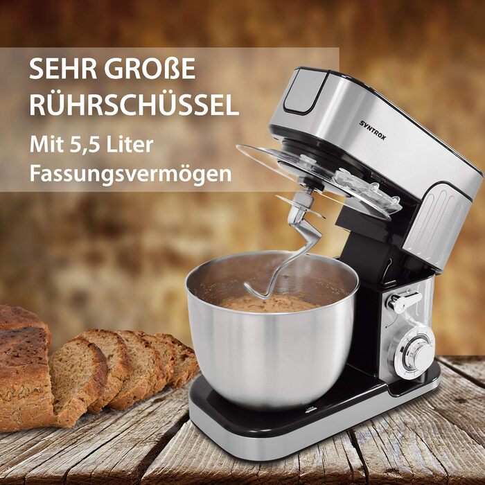 Потужний кухонний комбайн Syntrox Germany 5,5 л з м’ясорубкою, міксером, нержавійка, чорний дизайн
