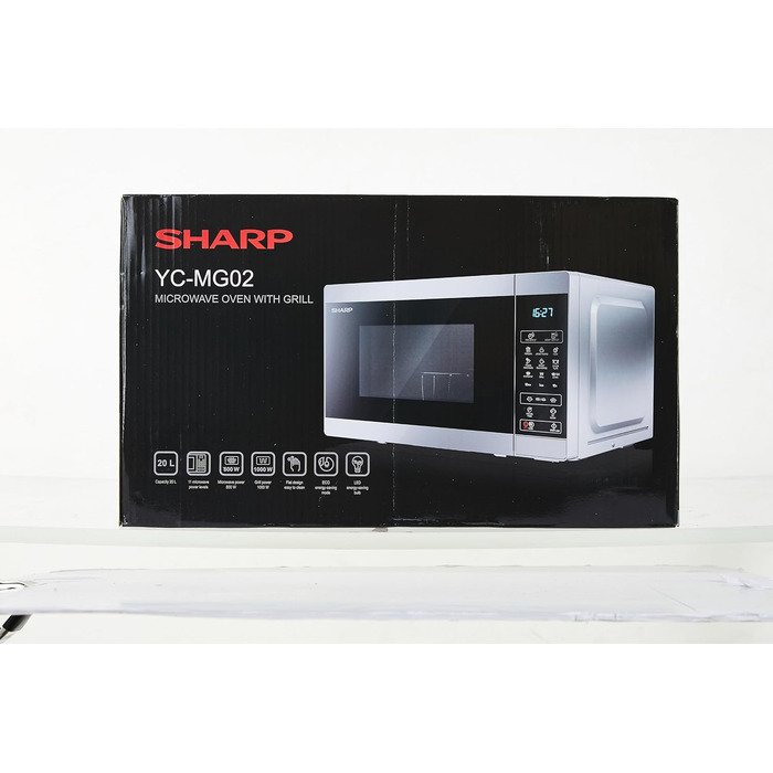 Мікрохвильова піч SHARP MG02ES з грилем, 20 л, 800 Вт, 11 режимів, розморожування, цифрове керування, срібляста