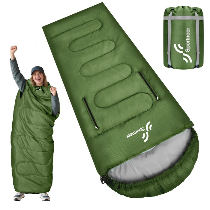 Спальний мішок Sportneer Outdoor у формі ковдри 220×85 см, з отворами для рук, 1.5 кг (Зелений, температурний режим 10-26 °C)