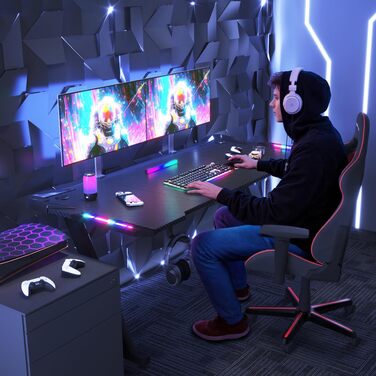 Ігровий стіл JUMMICO з RGB LED-підсвіткою, комп'ютерний стіл для геймерів та Home Office з тримачем для навушників та підстаканником, чорний (160x60 см)