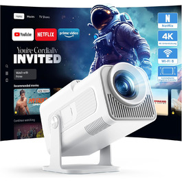 WOLFANG Міні проєктор 4K з Netflix, 26000 люмен, WiFi 6, Smart, 50% Zoom, 180° обертання, сумісний з TV Stick, iOS, Android, PC, PS5, HDMI, AV