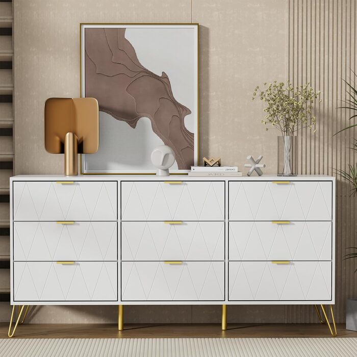Комод UEV з 9 шухлядами 150x34x74 см, сучасний білий шафа-сайдборд для вітальні, спальні, передпокою