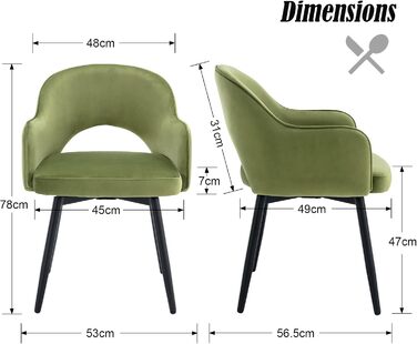 Стілець для їдальні Chairus, комплект 2 шт, оксамитовий, 360° обертання, кухонний м'який крісло з підлокітниками, для дому, офісу, вітальні, зелений, 53x58x78 см