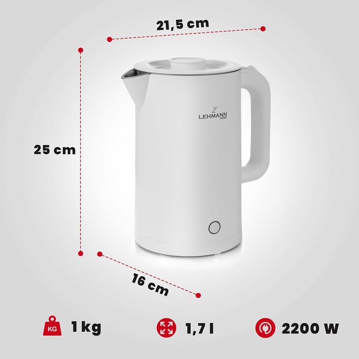 Електричний чайник Lehmann Edelstahl 1.7L, 2200W з подвійними стінками, автоматичне відключення, захист від перегріву, BPA-free, для дитячого харчування, чаю та кави (Білий)