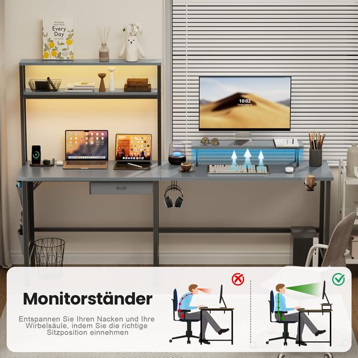 Ігровий стіл кутовий HLONONE 170x100 см з LED, розетками та USB, шухлядами, підставкою під монітор, сірий. Комп'ютерний стіл для геймінгу та офісу