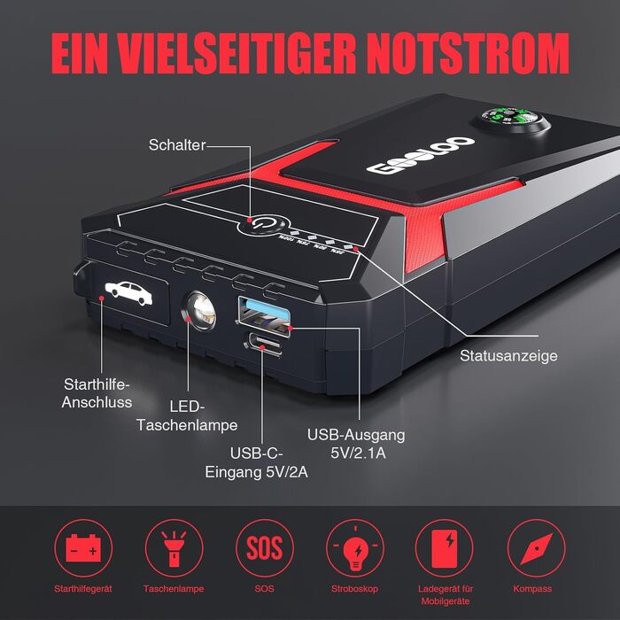 Пусковий пристрій GOOLOO A3 Jump Starter 1500A з компресором 150PSI та функцією Powerbank