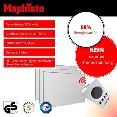 Інфрачервона електрообігрівач Mephisto 1200Вт, настінна/стельова/підлогова, енергоощадна, з термостатом, Wi-Fi та пультом, комплект для монтажу