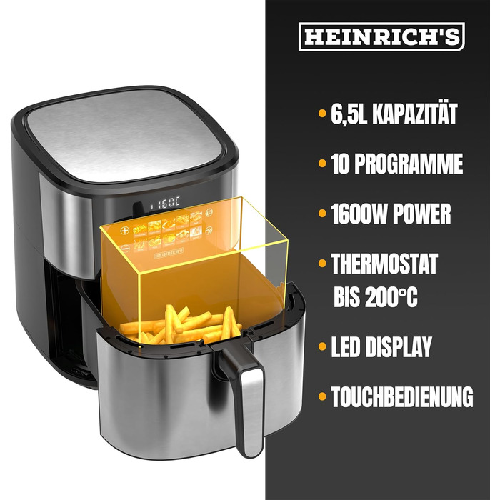 Аерофритюрниця HEINRICHS XXL 9L 10-в-1 з LED-дисплеєм та сенсорним керуванням, потужність 1800W, чаша для посудомийки