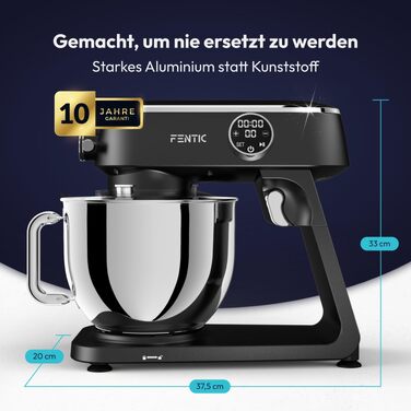 Планетарний міксер Küchenmaschine 1800W з чашею з нержавіючої сталі 7л, тістоміс для хліба та піци, 10 швидкостей з таймером, набір насадок та захистом від бризок (Чорний)
