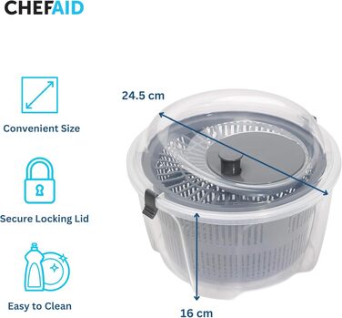 Салатниця з віджимом Chef Aid 4.4 л, прозора пластикова, з кришкою та кошиком для сушіння салату