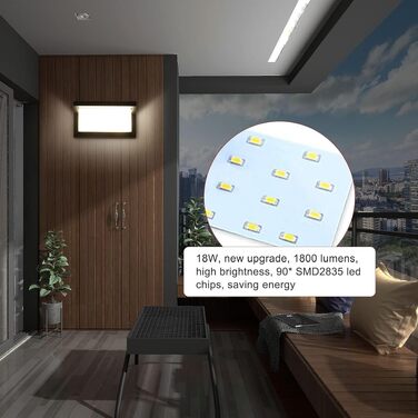 Світильник настінний вуличний LED 18W IP66, прямокутний світильник Up and Down з алюмінію для дому, тераси та гаража, нейтральне біле світло (комплект 2 шт.)