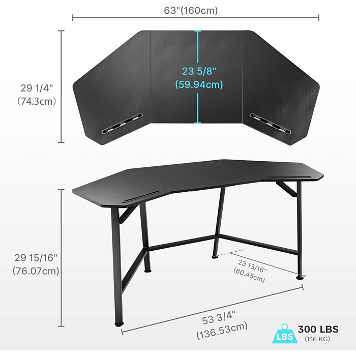 Ігровий стіл EUREKA ERGONOMIC 160x74 см - великий стіл у формі крила для ігор, ПК, дому, офісу, стрімінгу. 2 слоти для iPad. Чорний.
