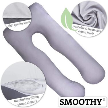 Подушка для вагітних SMOOTHY XXL U-подібна, бавовна, 150x80 см, для сну на боці, для годування та підтримки малюка, знімний і праний чохол