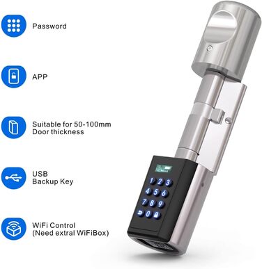 Електронний дверний замок RUILON з Bluetooth, паролем та додатком, регульований циліндр 50-100 мм, сріблястий, для вхідних дверей, модель PBL20EBL41