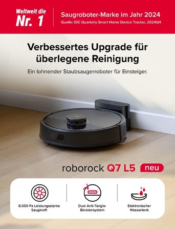 Робот-пилосос Roborock Q7 L5 з потужністю 8000 Па, системою Dual Anti-Tangle та розумною навігацією, чорний