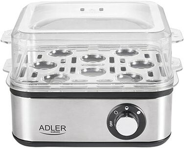 Електрична яйцеварка ADLER EUROPE AD-4486, 1-8 яєць, 500 Вт, нержавіюча сталь, автоматичне вимкнення, захист від перегріву, срібляста