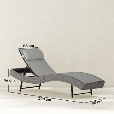 Шезлонг з ротангу Polyrattan S-подібної форми з 5-рівневим регулюванням спинки, підголівником, дихаючою тканиною та захистом від ультрафіолету.