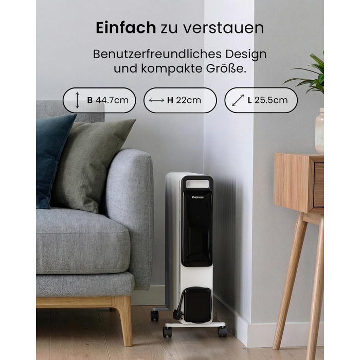 Розумний електричний масляний радіатор Pro Breeze 2500W, 11 секцій, керування через WLAN/App, з термостатом, таймером на 24г та сенсорним дисплеєм, білий