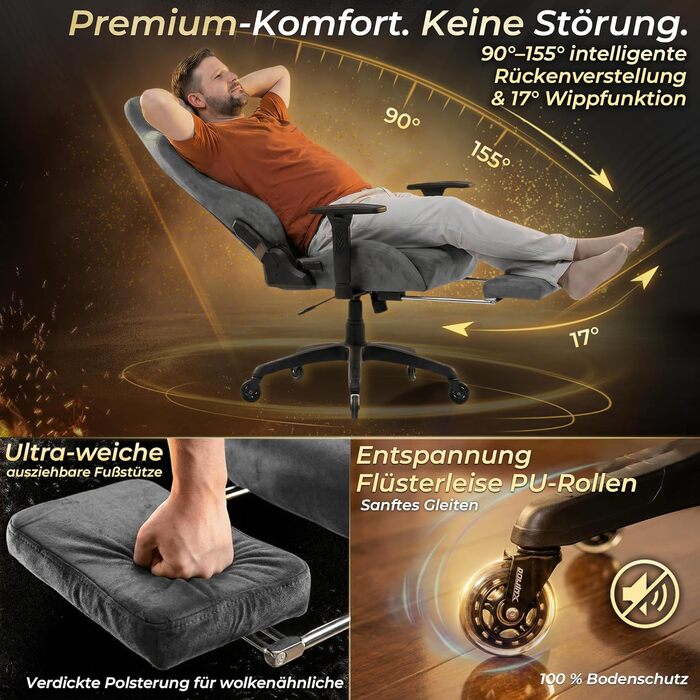 Ігрове крісло Dowinx Ergonomic Gaming Chair з підставкою для ніг та 3D підлокітниками, сіре, витримує до 200 кг, офісне крісло для геймерів