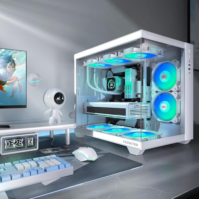 MUSETEX ATX корпус для ПК з 6 ARGB вентиляторами, 360 мм підтримка радіатора, Type-C, ігровий корпус з 270° оглядом, загартоване скло, білий Mid Tower, модель Y6