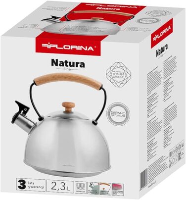 Чайник FLORINA Natura 2,3 л з нержавіючої сталі, зі свистком, дерев'яною ручкою, для індукційної, газової та електричної плити, чорний
