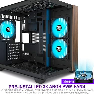 Ігровий корпус для ПК FOIFKIN M3, ATX Mid-Tower, чорний, з дерев'яною передньою панеллю з горіха, 3 встановлені ARGB PWM вентилятори, панорамне скло 270°, USB Type-C