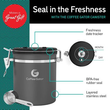 Контейнер для кави Coffee Gator з нержавіючої сталі (2 шт.) – для кавових зерен та меленої кави, з датою, CO2-вентилем та мірною ложкою (Сірий, Середній)