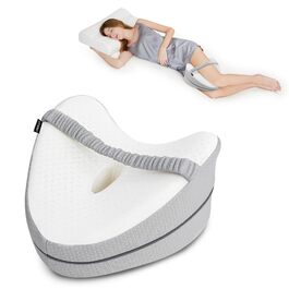 Подушка для сну на боці з піни Memory Foam, ергономічна, з охолоджуючим чохлом, сіра в горошок з ремінцем