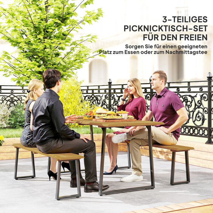 Outsunny Seating Group Дерев'яний обідній набір з 3 предметів на 6 персон Обідній стіл з 2 лавками Парасолька Отвір Обідній набір з дерев'яним столом Набір кухонних столів Балконні меблі Садові меблі для тераси, балкон Натуральне дерево