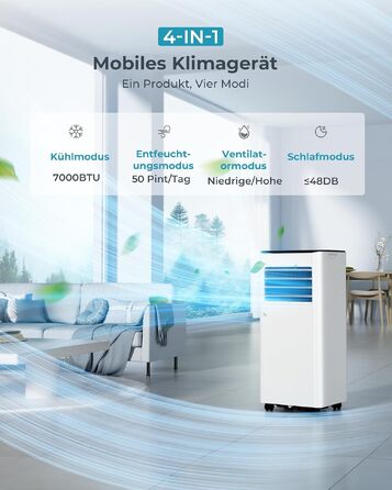 Мобільний кондиціонер 7000 BTU з відвідною трубою 4-в-1: тихий, з дисплеєм, пультом, таймером на 24 год. для кімнат до 20 м²