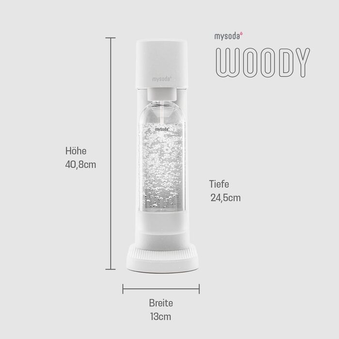 Сифон для газування води Mysoda Woody Set, корпус із відновленого дерева, пляшка Quick-Lock 1 л (BPA-free) та циліндр CO2, білий