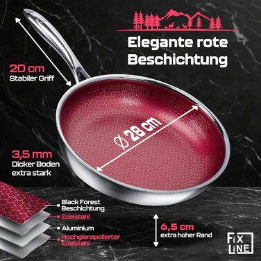 Сковорода FIXLINE Black Forest Red Edition 28 см, антипригарне покриття без ПФОА, для всіх плит і індукції, духовка до 250°C, легке очищення, подарункова упаковка