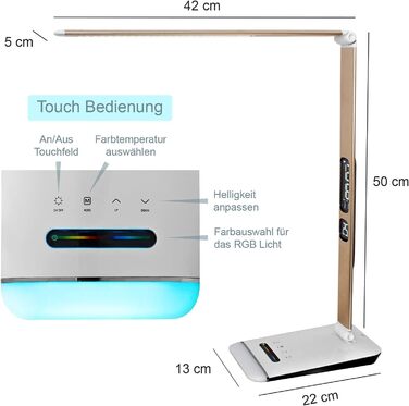 Настільна LED лампа Eaxus з RGB-підсвіткою, димером, сенсорною панеллю, годинником, календарем і термометром, мідна