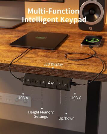 Електричний підйомний стіл FEZIBO 100x60 см: регульований робочий стіл з USB-C/USB-A, 3 режимами пам'яті, висотою 72–118 см та вантажністю 80 кг, ергономічний комп'ютерний стіл