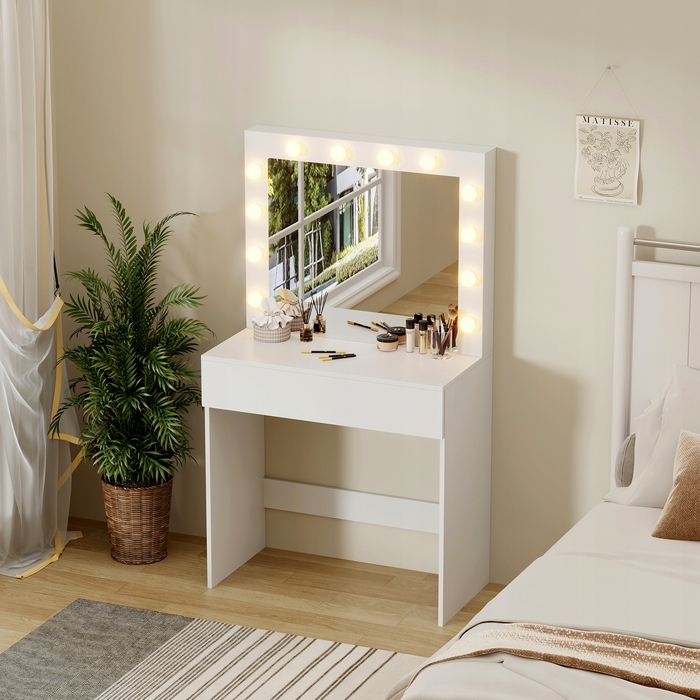 Косметичний столик білий (МДФ) з LED-підсвіткою та шухлядою