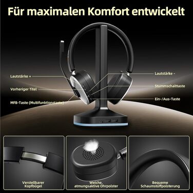 Бездротова гарнітура Wantek з мікрофоном та зарядною станцією, Bluetooth-навушники з USB-адаптером для кол-центру, офісу, Zoom, Skype та Teams, чорно-сріблясті
