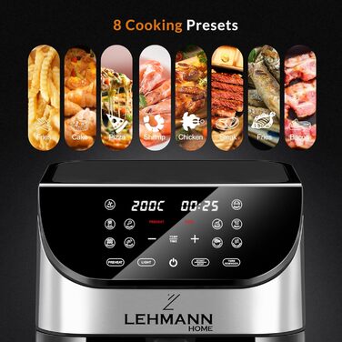 Аерофритюрниця Lehmann 6 л, 10 програм, 1500 Вт, з таймером і LED-екраном, температура 76-200°C, олії не потребує
