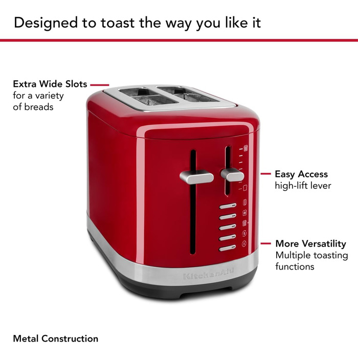 Тостер KitchenAid для 2 скибок - ретро дизайн, нержавіюча сталь, червоний Empire. 7 функцій