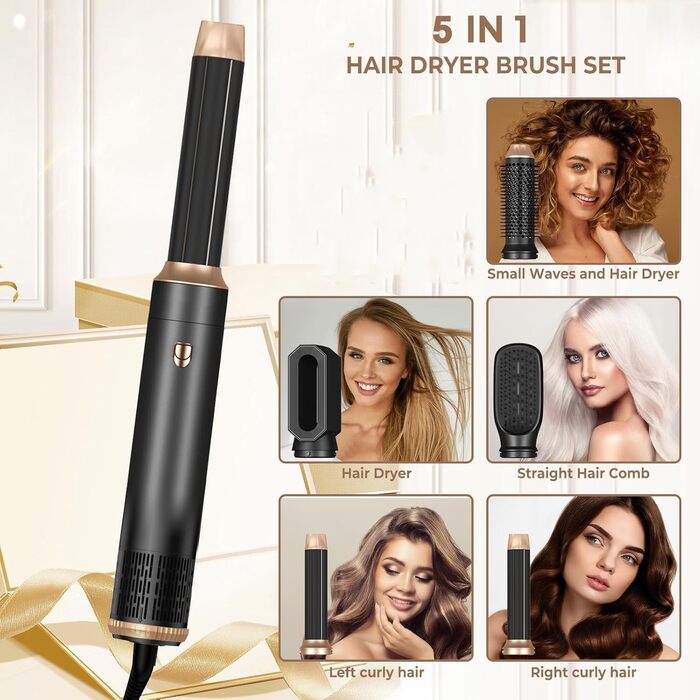 Набір для укладки волосся Hairstyler 5-в-1 з автоматичною завивкою, фен-щітка та насадки, чорний колір